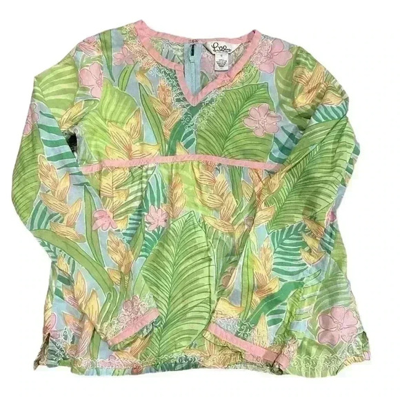 Girls Vintage Lilly Pulitzer Tunic Tropical Floral Shirt Blouse Pink Green Sz 12 - Picture 1 of 3